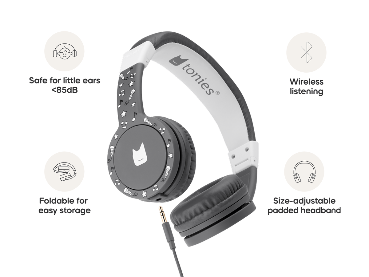 Gray wired headphones for kids are safe for little ears and comfy to wear