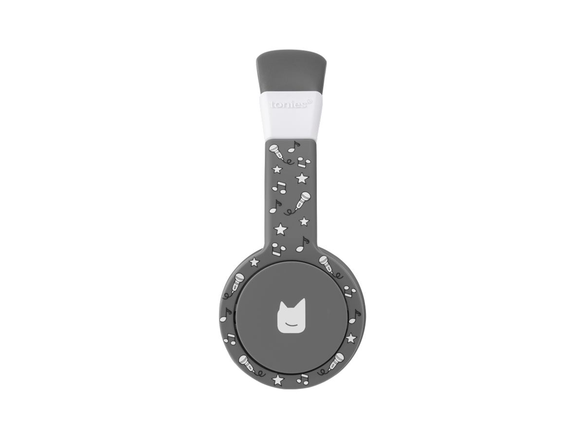 Side view of the gray wired headphones for kids with pulsating light illuminated