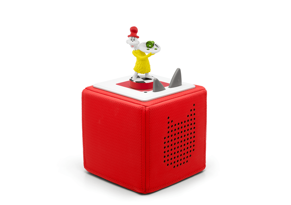 Full view of a Dr. Seuss: Green Eggs & Ham Tonie on a red Toniebox
