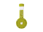 Side view of the green wired headphones for kids with pulsating light illuminated