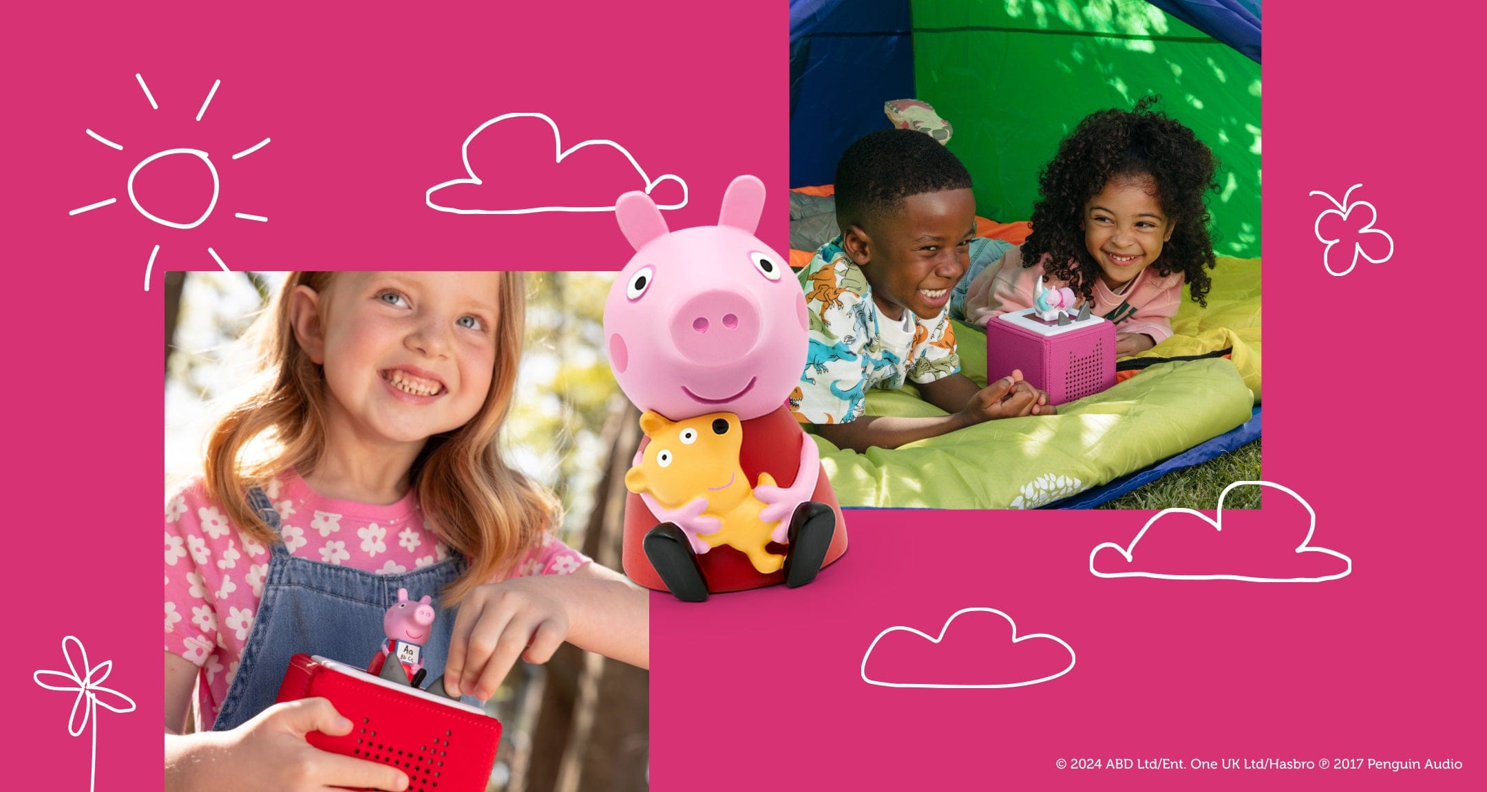 children playing with peppa pig Tonies and Tonieboxes outside