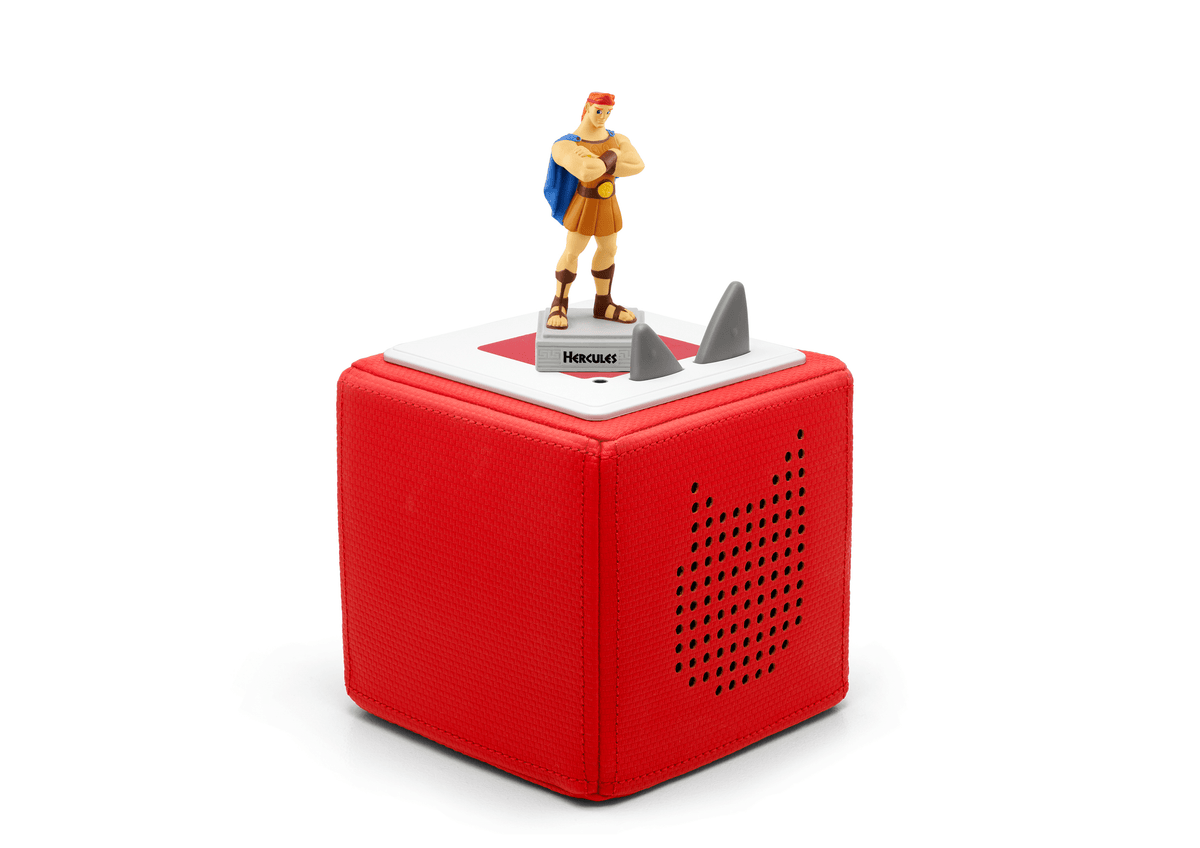 Full view of a Disney Hercules Tonie on a red Toniebox