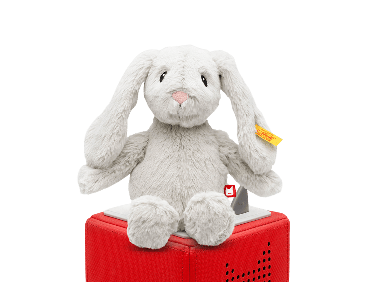 tonies® x Steiff Hoppie Rabbit Plush Tonie on a Red Toniebox