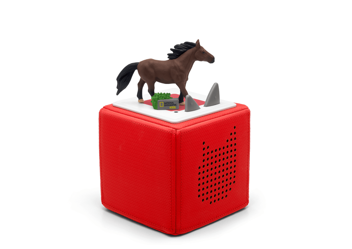Full view of a National Geographic Kids: Horse Tonie on a red Toniebox