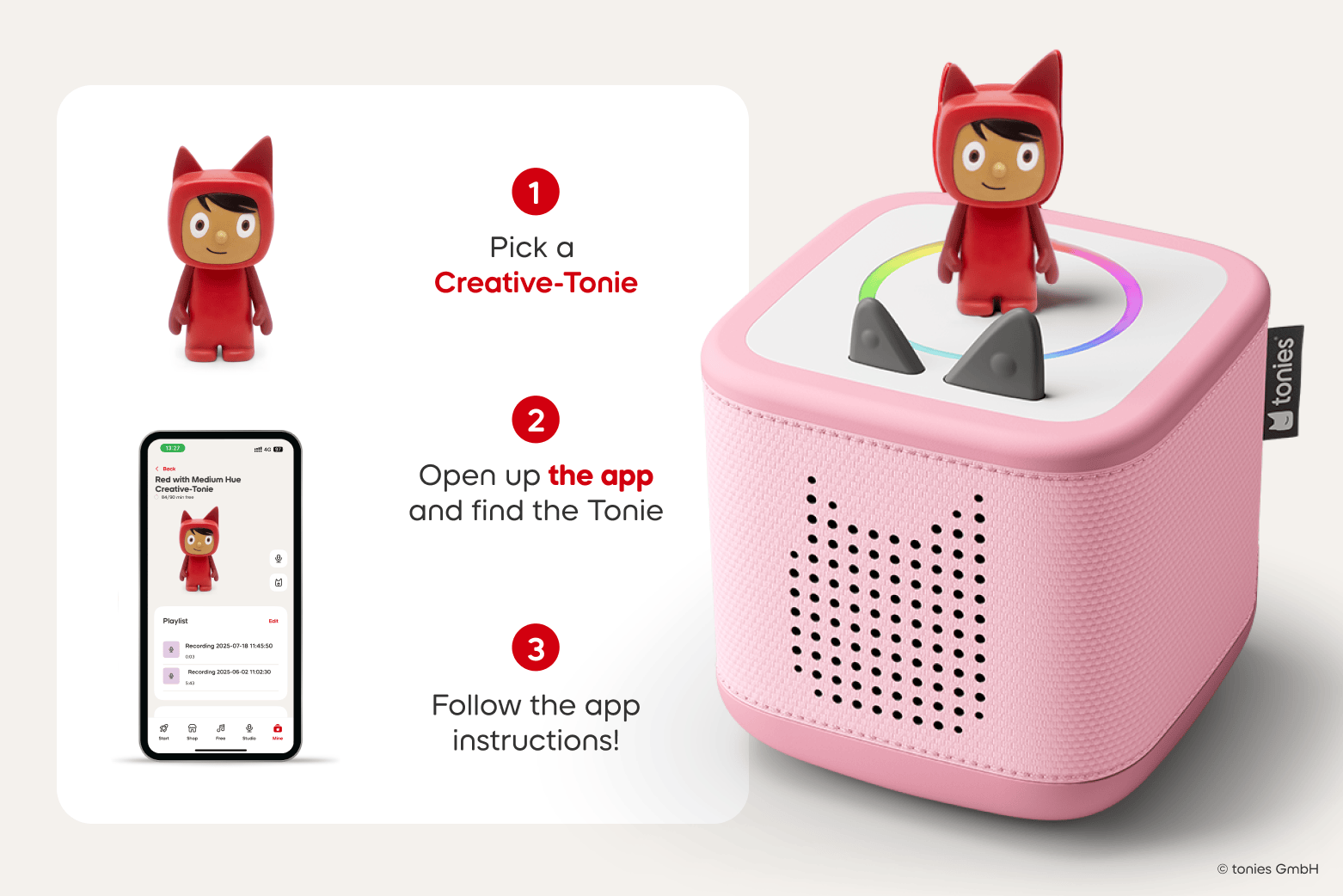 Pink Toniebox 2 with Creative Tonie on top, tonies app interface, and step-by-step instructions on how to upload content to a Creative Tonie.