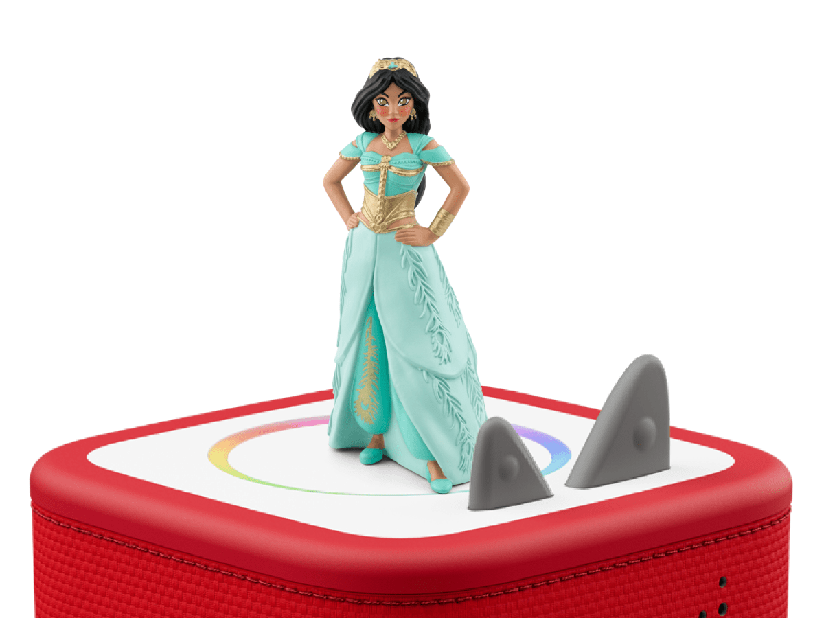 Jasmine on a red Toniebox 2 ready to play audio stories and songs