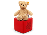 Full view of a Steiff Jimmy Bear Plush Tonie on a red Toniebox