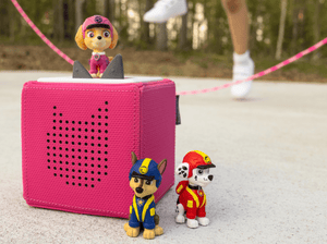 Child Playing With Jungle Pups Skye Tonie  Audio Figurine And Toniebox 2