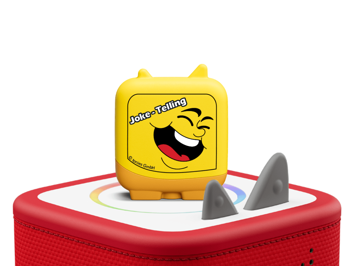 kid comedy clever tonies on a red Toniebox 2 ready to play audio stories and songs