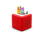 Full view of a LMNO Peas Tonie on a red Toniebox