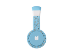 Side view of the blue wired headphones for kids with pulsating light illuminated
