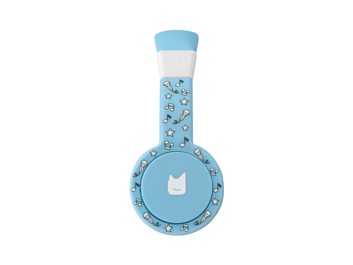 Side view of the blue wired headphones for kids with pulsating light illuminated