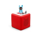 Full view of a Light Blue with Dark Hue Creative-Tonie on a red Toniebox