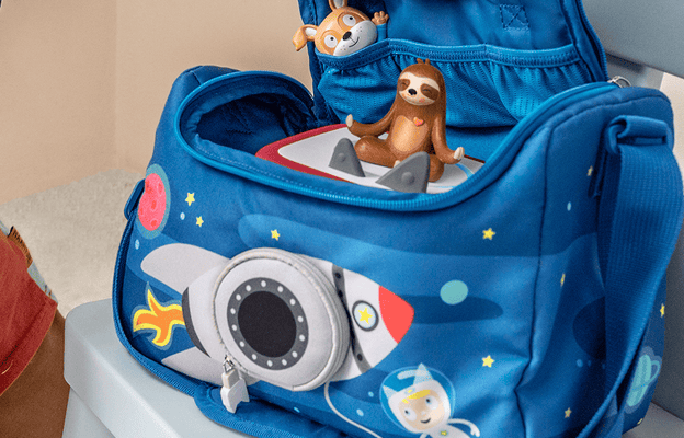 Blast Off carrying case with a red Toniebox 2 and Tonies inside