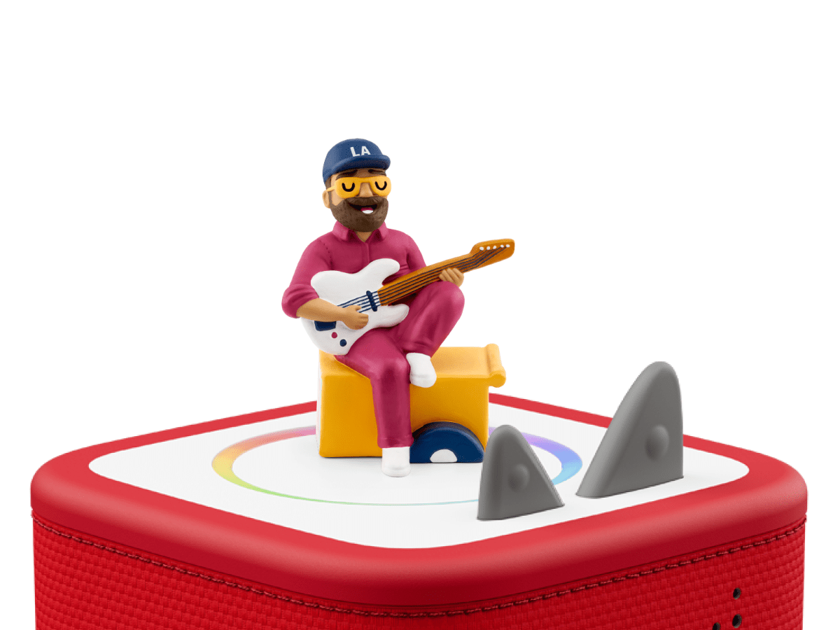 Lucky Diaz on a red Toniebox 2 ready to play audio stories and songs
