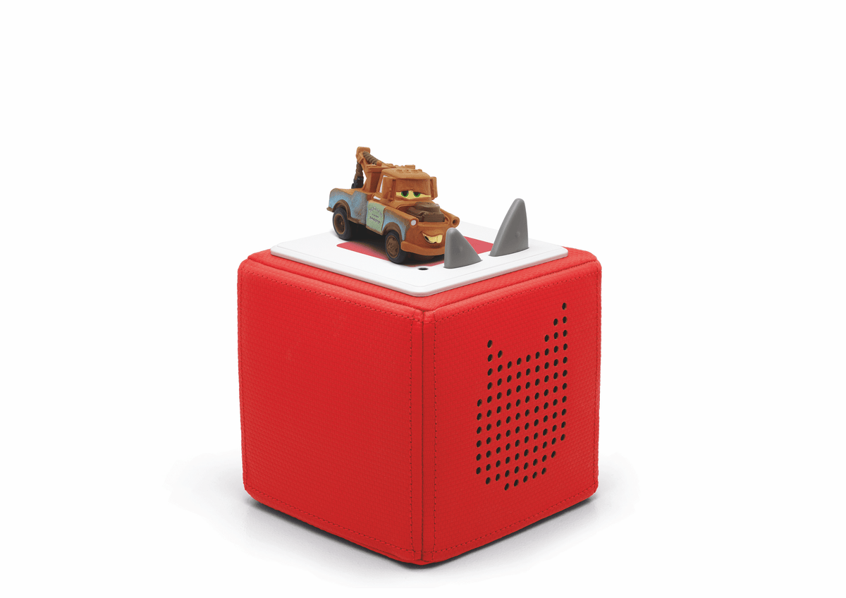 Full view of a Disney & Pixar Cars: Mater Tonie on a red Toniebox