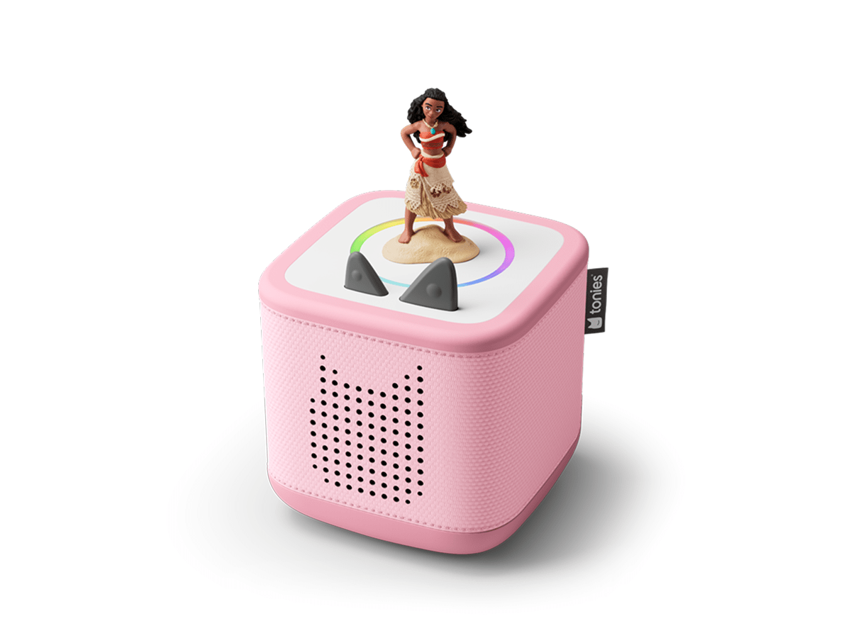 pink Toniebox 2, an audio player for kids with moana audio figurine