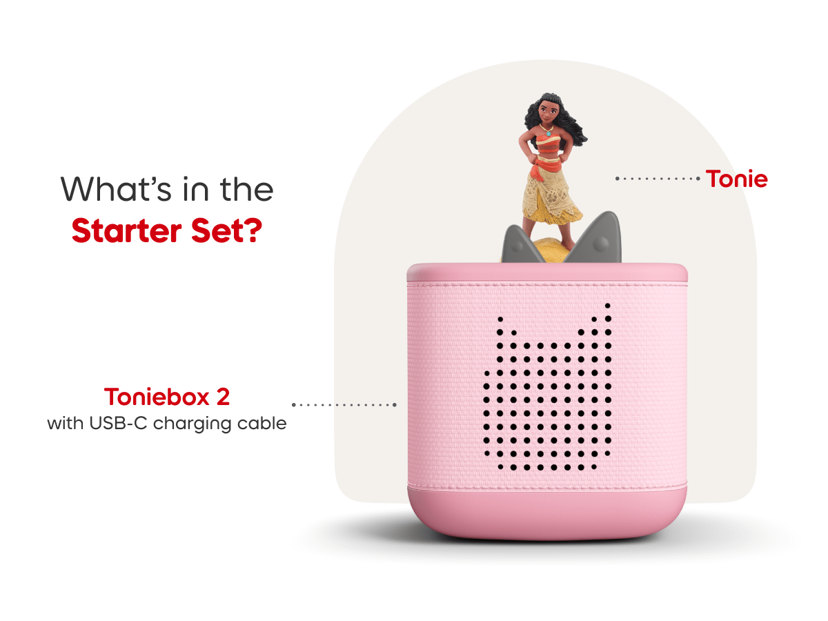 Pink Toniebox 2 starter set includes Moana audio figurine and usb-c charging cable