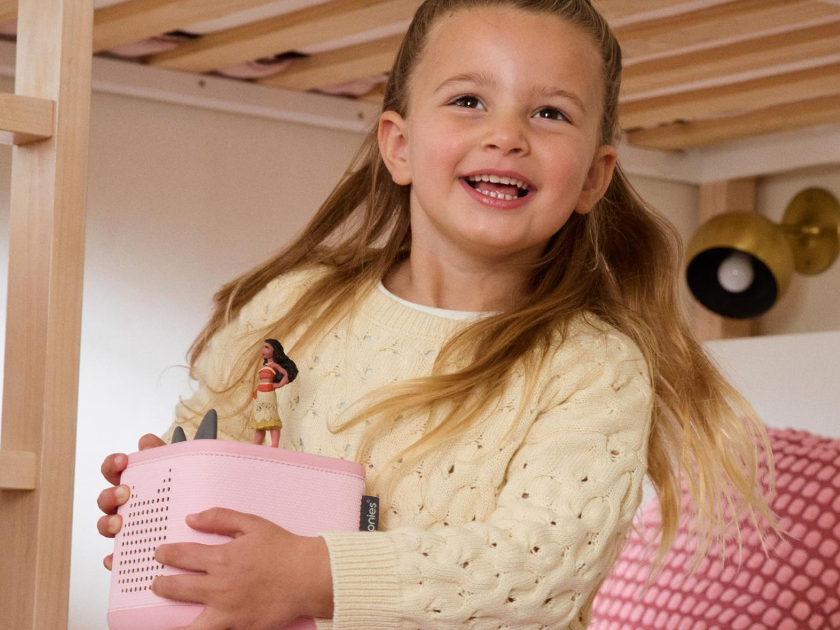 Child Playing With Pink Toniebox 2, An Audio Player For Kids With Moana Audio Figurine