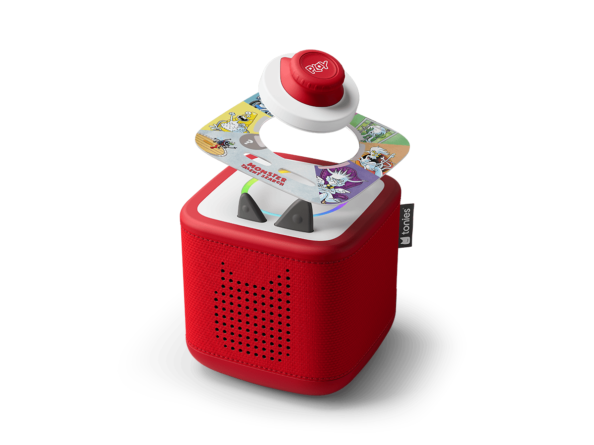 Monster Talent Search ToniePlay Game on a red toniebox 2 audio player for kids