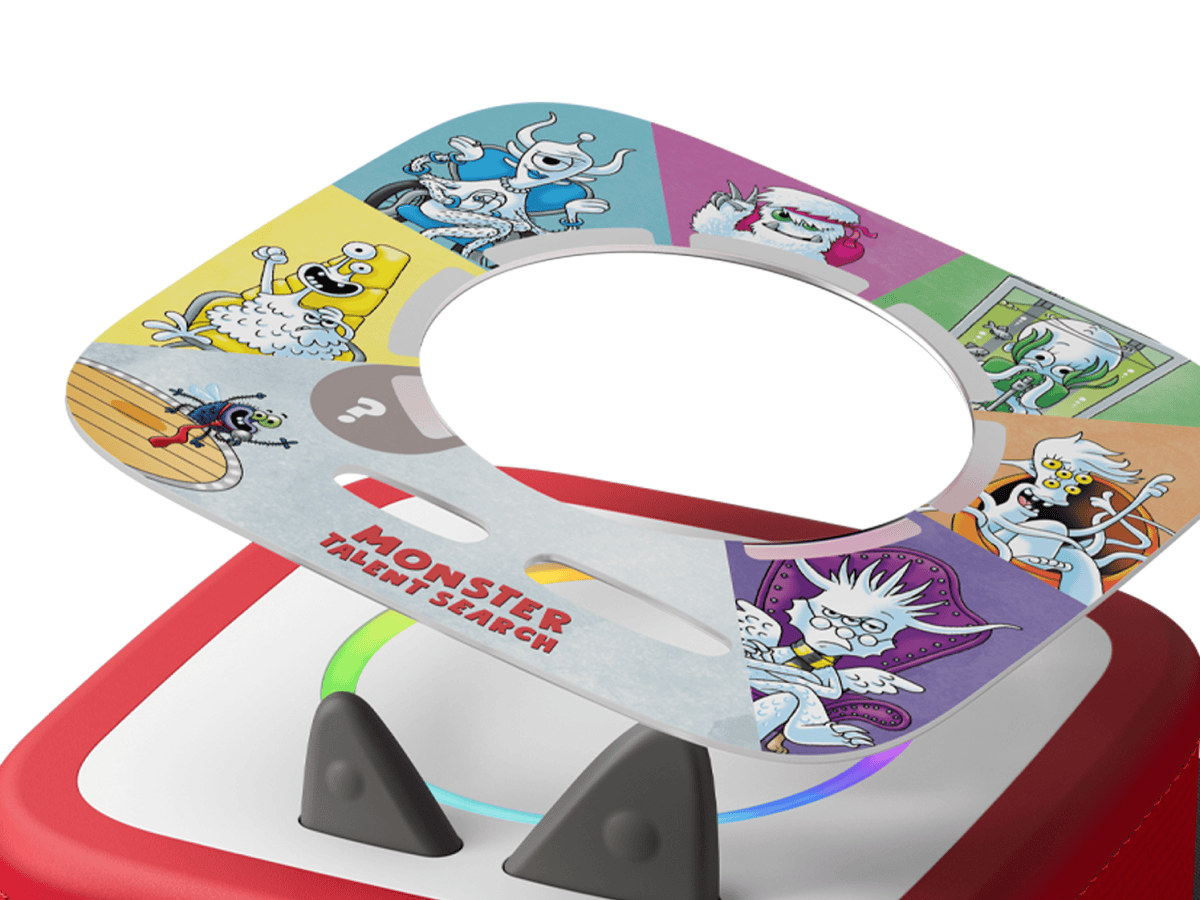 Monster Talent Search ToniePlay Game on a red toniebox 2 audio player for kids