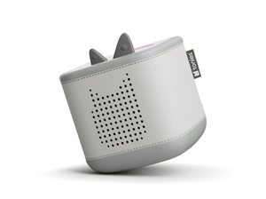 Tilted view of moon gray Toniebox 2 an audio player for kids, used with Tonie audio figurines and Tonieplay games