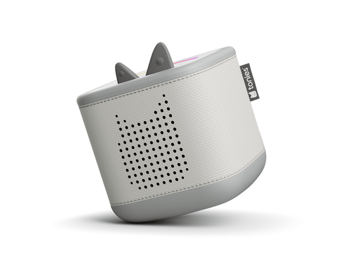 Tilted view of moon gray Toniebox 2 an audio player for kids, used with Tonie audio figurines and Tonieplay games