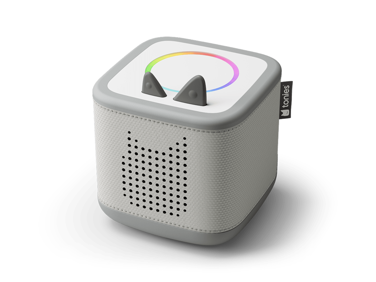 Top view of moon gray Toniebox 2 an audio player for kids, used with Tonie audio figurines and Tonieplay games