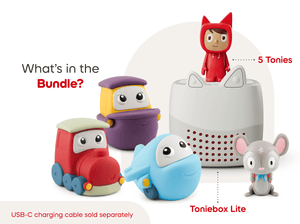 Toniebox Lite My Story and Travel Bundle an audio player for kids with Rubie Creative Tonie, My First Tonies Travel Set and Traveling Song Tonie audio figurines