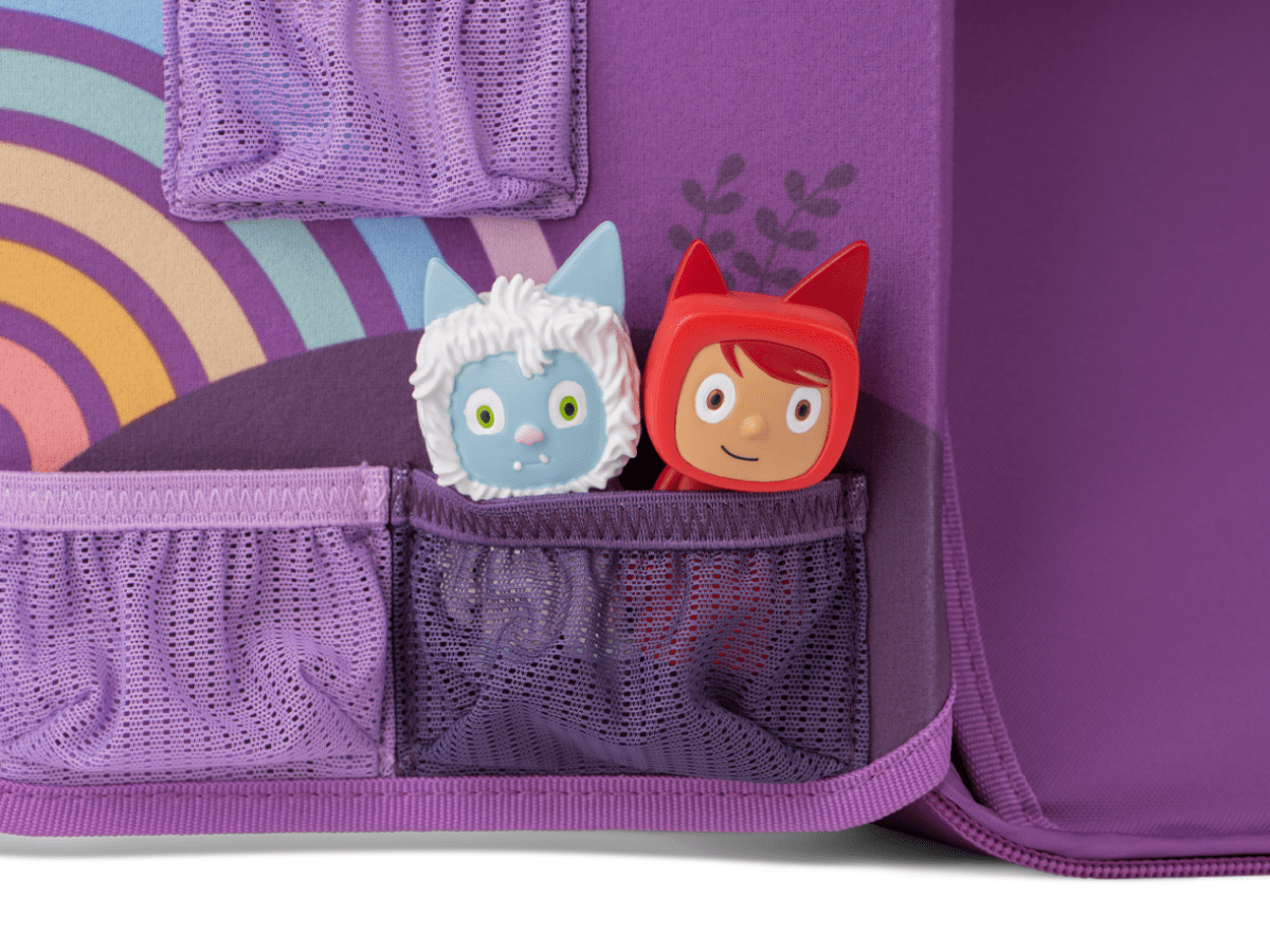 Tonies shown in the pocket of a Carrying Case Max for Tonies - Over the Rainbow