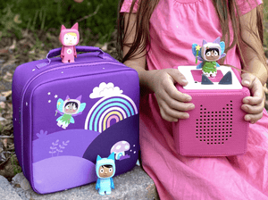 Child playing with Toniebox, Tonies, and Carrying Case Max for Tonies - Over the Rainbow