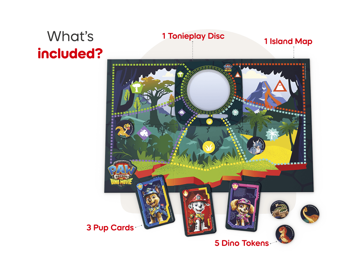 Tonieplay PAW Patrol Dino Movie Dino Island Rescue Mission includes Tonieplay Disc, 1 island map, 3 pup card and 5 dino token