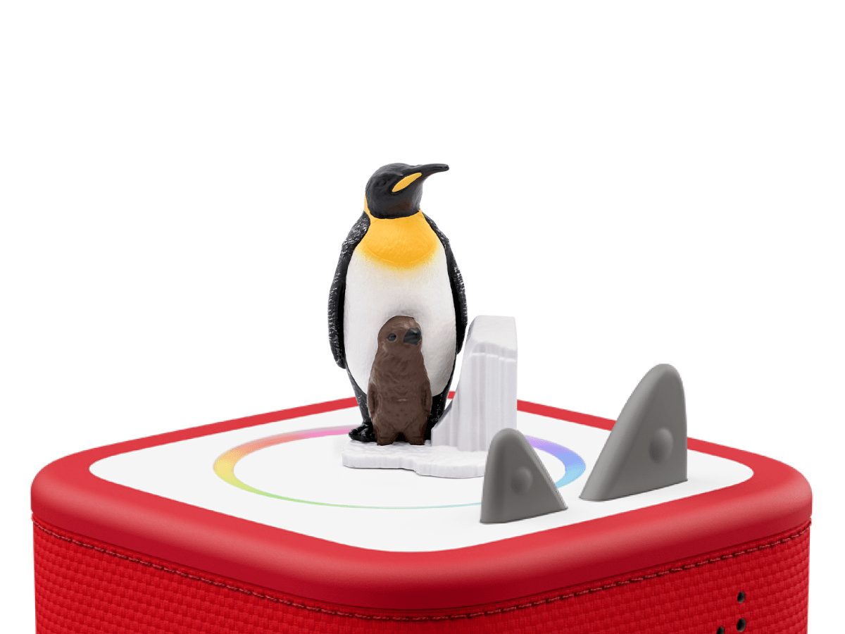 Penguin Tonie on a red Toniebox 2 ready to play audio stories and songs