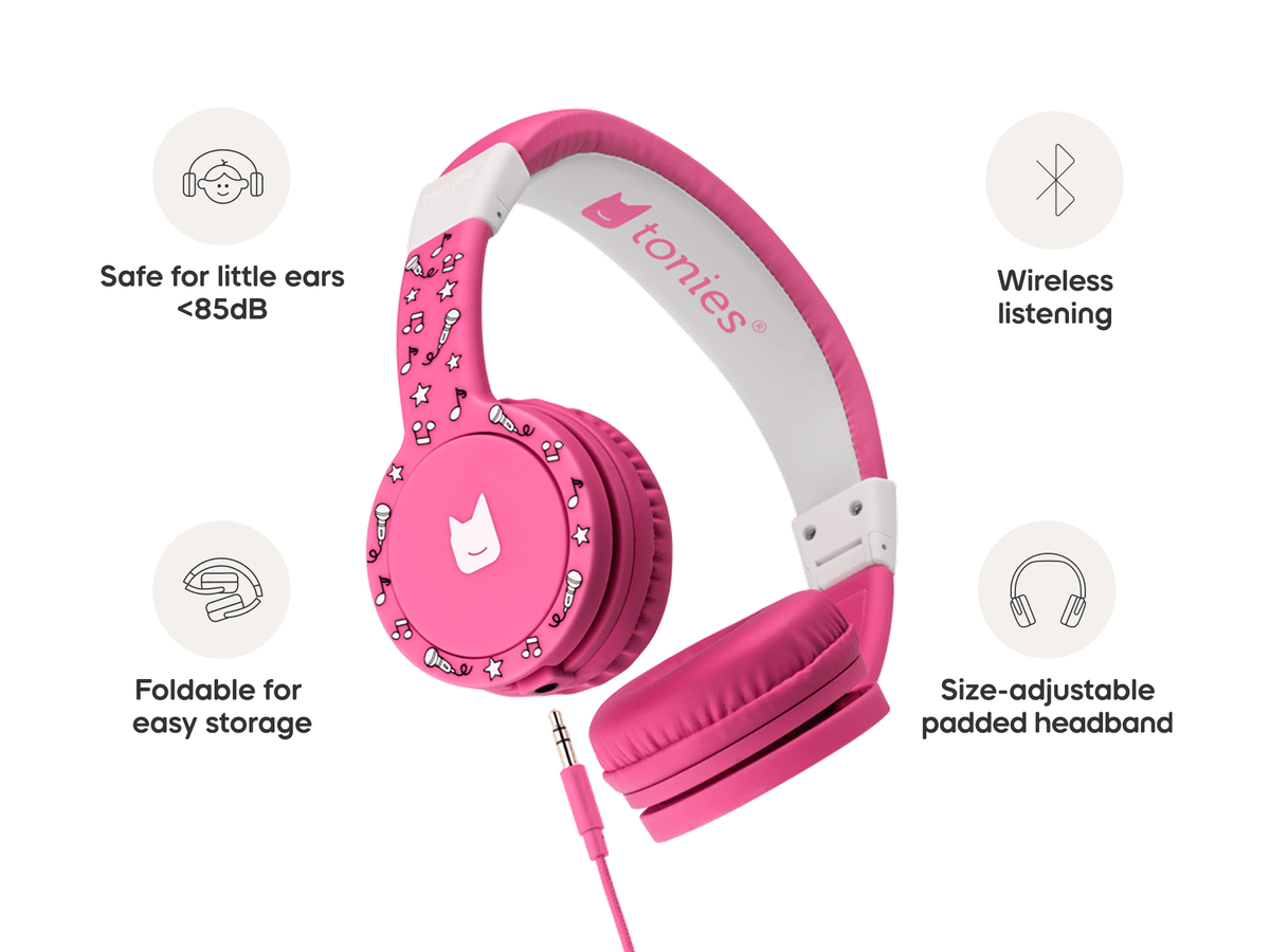Pink wired headphones for kids are safe for little ears and comfy to wear