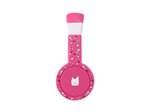 Side view of the pink wired headphones for kids with pulsating light illuminated