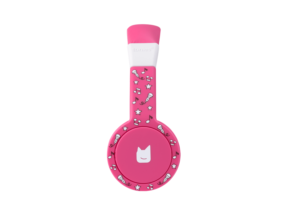 Side view of the pink wired headphones for kids with pulsating light illuminated