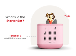 Cloud Pink Toniebox 2 starter set includes Playtime Puppy Tonie audio figurine and usb-c charging cable