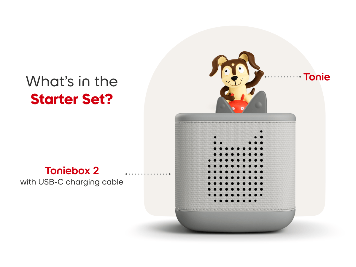 Moon gray Toniebox 2 starter set includes Playtime Puppy Tonie audio figurine and usb-c charging cable