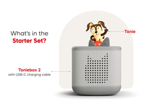 Moon gray Toniebox 2 starter set includes Playtime Puppy Tonie audio figurine and usb-c charging cable