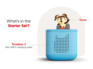 Sky Blue Toniebox 2 starter set includes Playtime Puppy Tonie audio figurine and usb-c charging cable