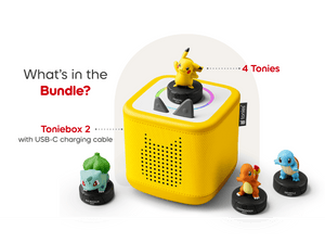 Whats included in the Toniebox2 Lightning Yellow Bundle Pokémon. One Toniebox 2 and 4 Pokemon tonies