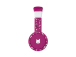 Side view of the purple wired headphones for kids with pulsating light illuminated