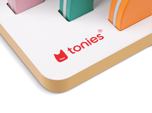 Small Rainbow Tabletop Shelf for Tonies zoomed in with tonies logo detail