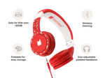 Red wired headphones for kids are safe for little ears and comfy to wear