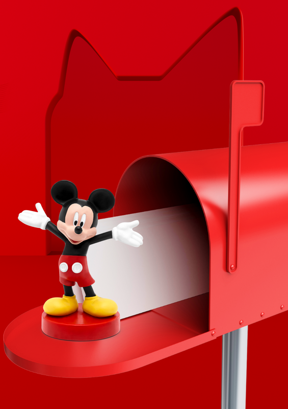 mickey mouse tonie coming out of a red mailbox