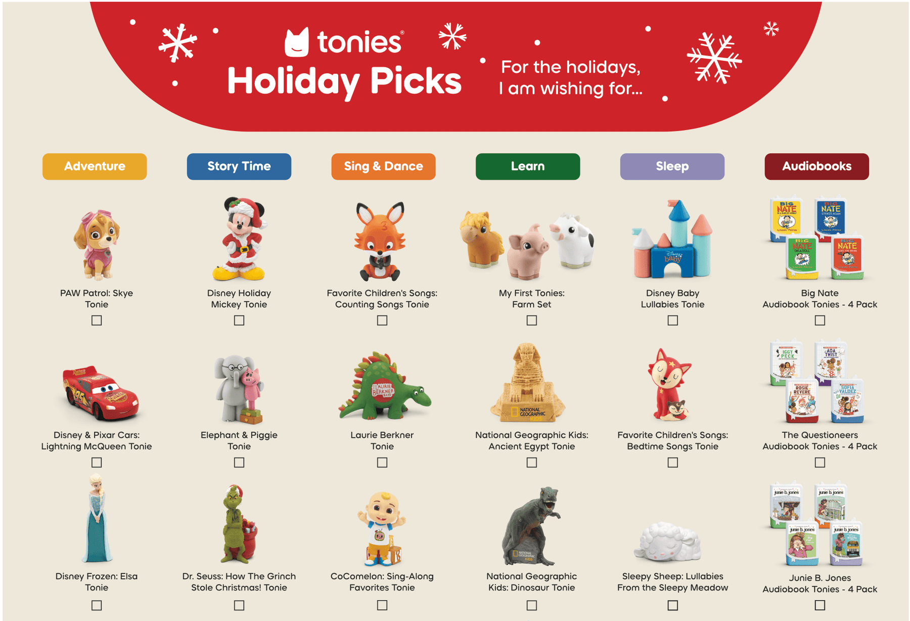 tonies Holiday Picks pdf checklist