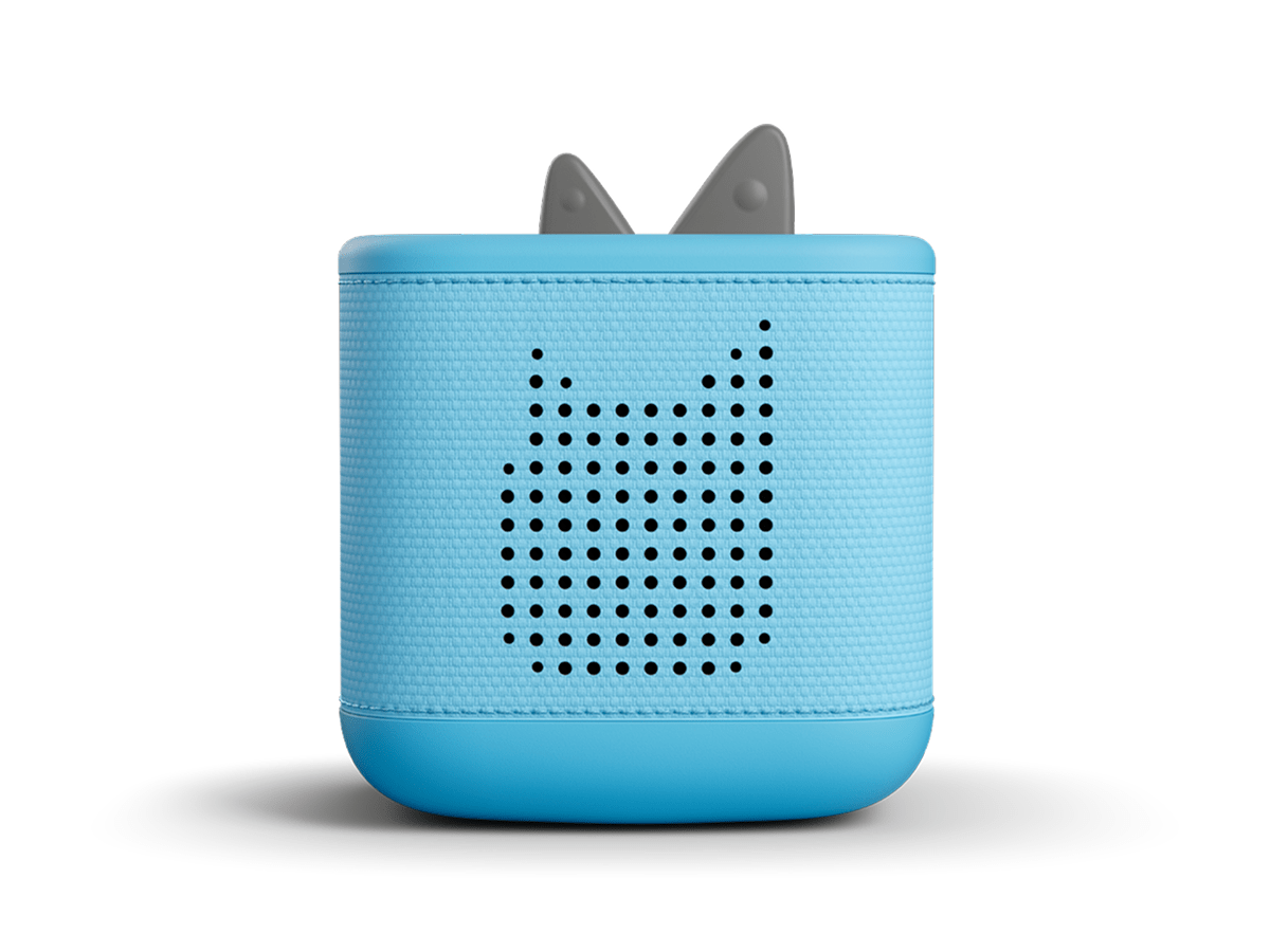 Front view of sky blue Toniebox 2 an audio player for kids, used with Tonie audio figurines and Tonieplay games
