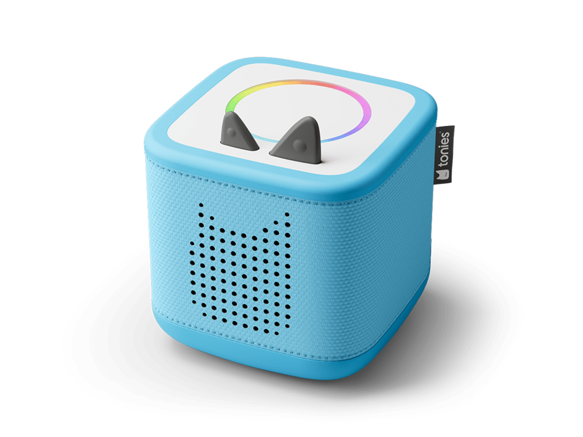 Top view of sky blue Toniebox 2 an audio player for kids, used with Tonie audio figurines and Tonieplay games