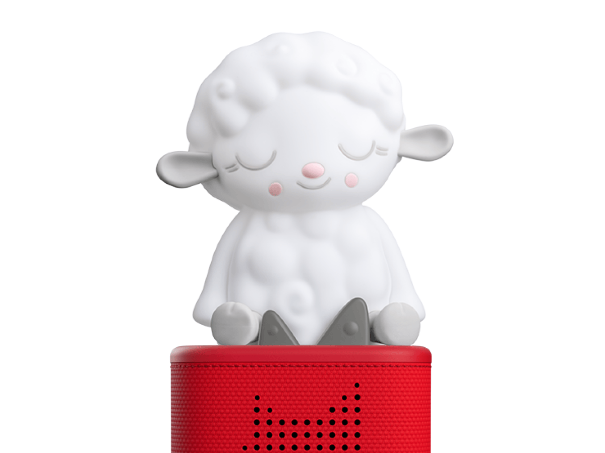 Sleepy Sheep Night Light Tonie on a red Toniebox 2 ready to play audio stories and songs
