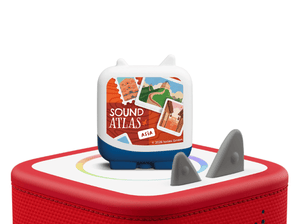 Sound Atlas Pocket Tonies - 4 Pack Tonie on a red Toniebox 2 ready to play audio stories and songs